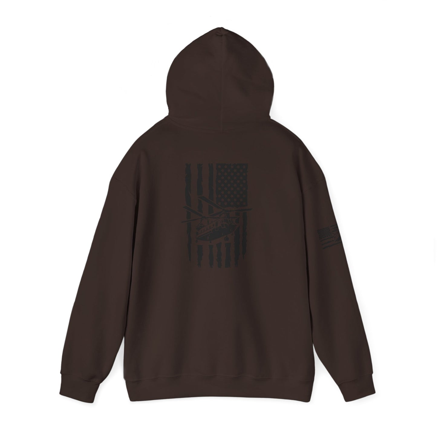 American Flag Chinook Helicopter Hoodie — Distressed USA Military Aviation Sweatshirt