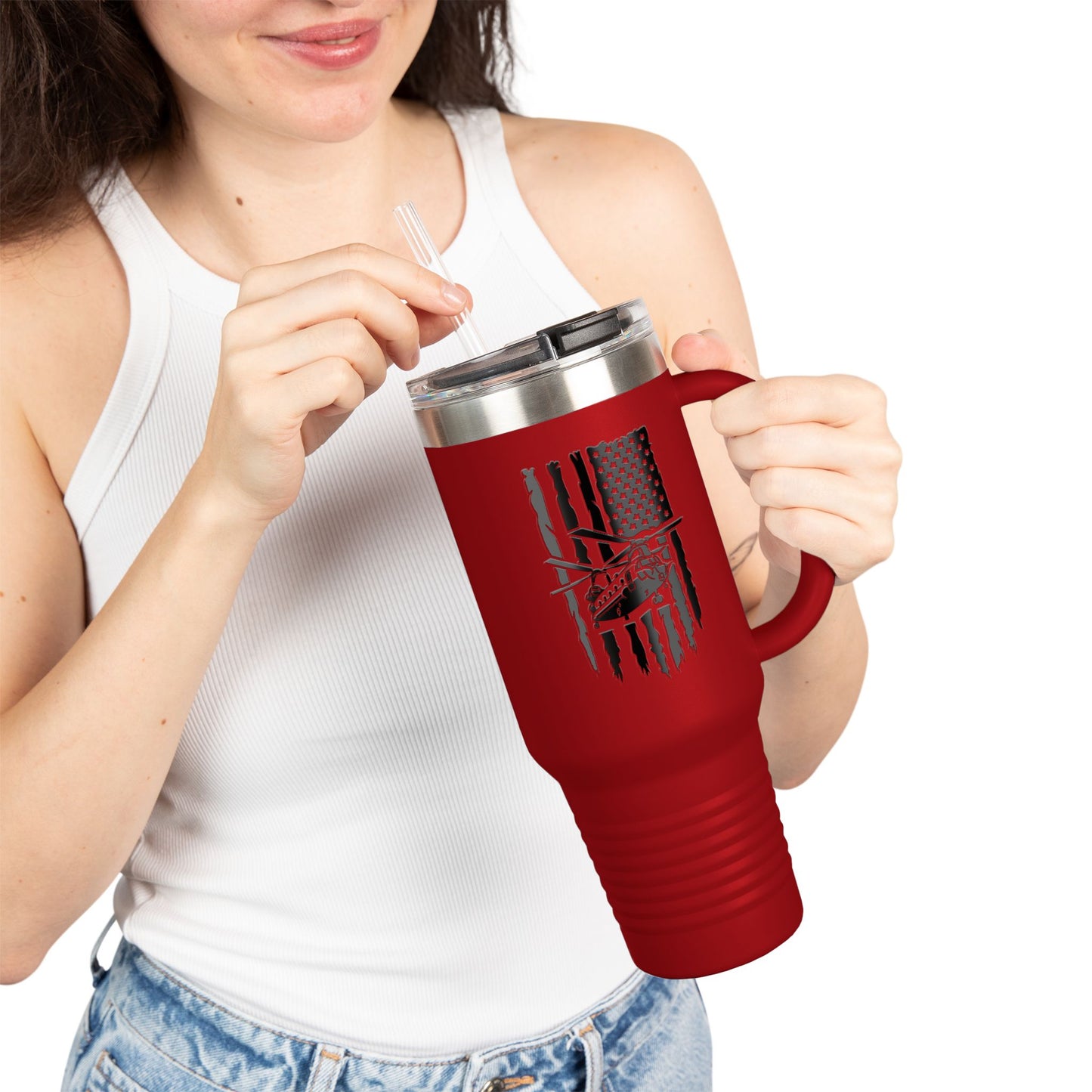 40oz Insulated Travel Mug — American Flag with Chinook Helicopter Graphic