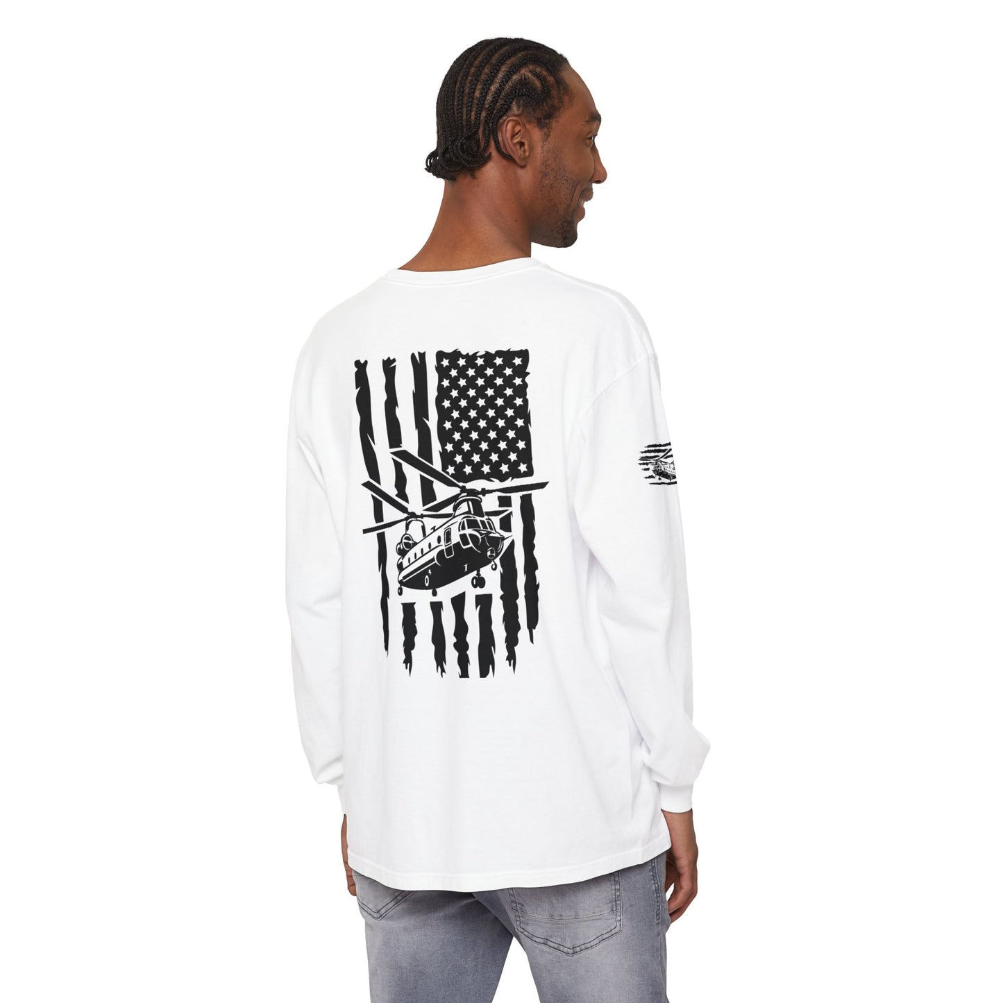 Chinook Helicopter American Flag Long Sleeve Tee