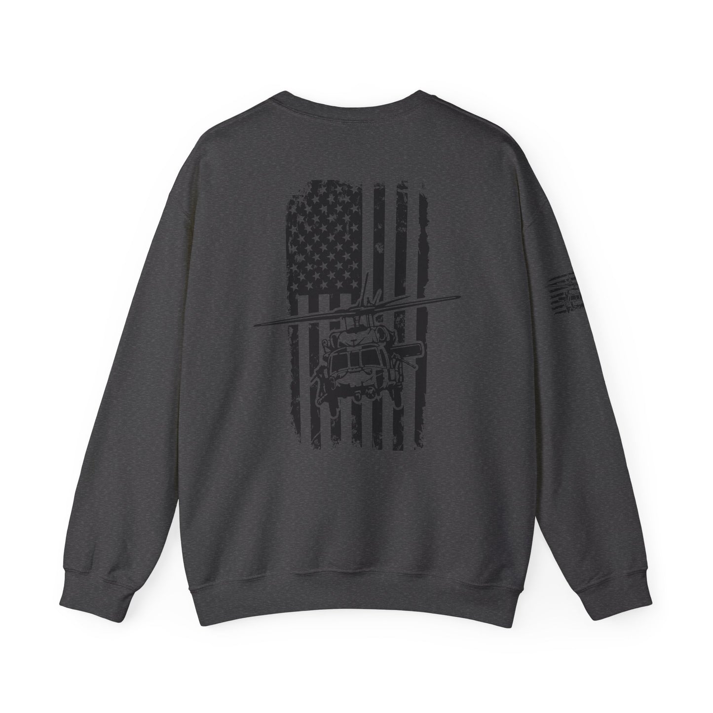 Crewneck Sweatshirt - American Flag Blackhawk Helicopter Graphic (Back Print)