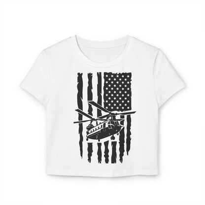 Women's Crop Tee — Distressed American Flag with Chinook Helicopter
