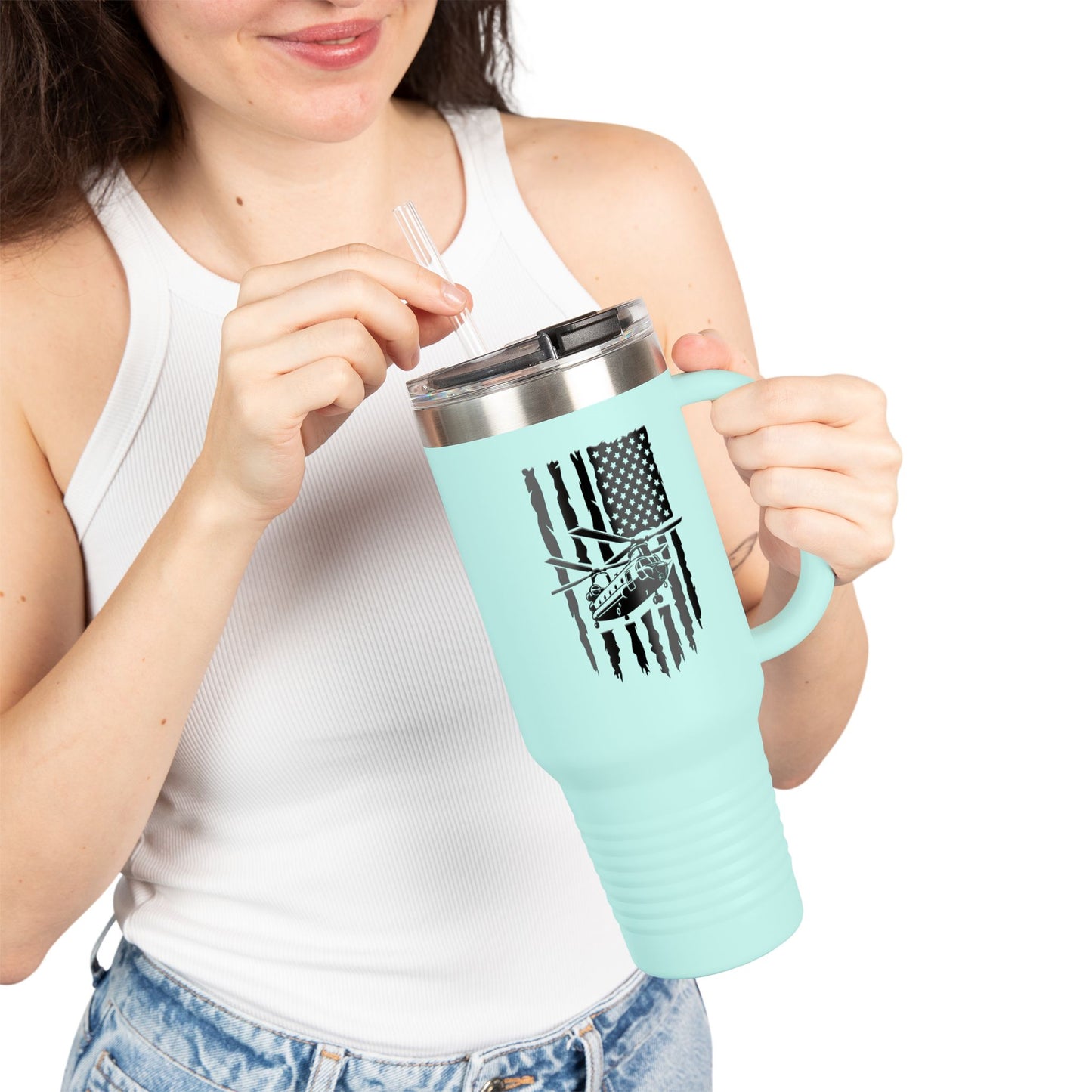 40oz Insulated Travel Mug — American Flag with Chinook Helicopter Graphic