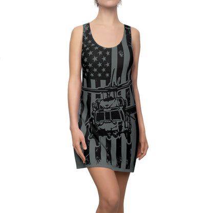 American Blackhawk Helicopter Racerback Dress — Patriotic Black & Grey Military Design