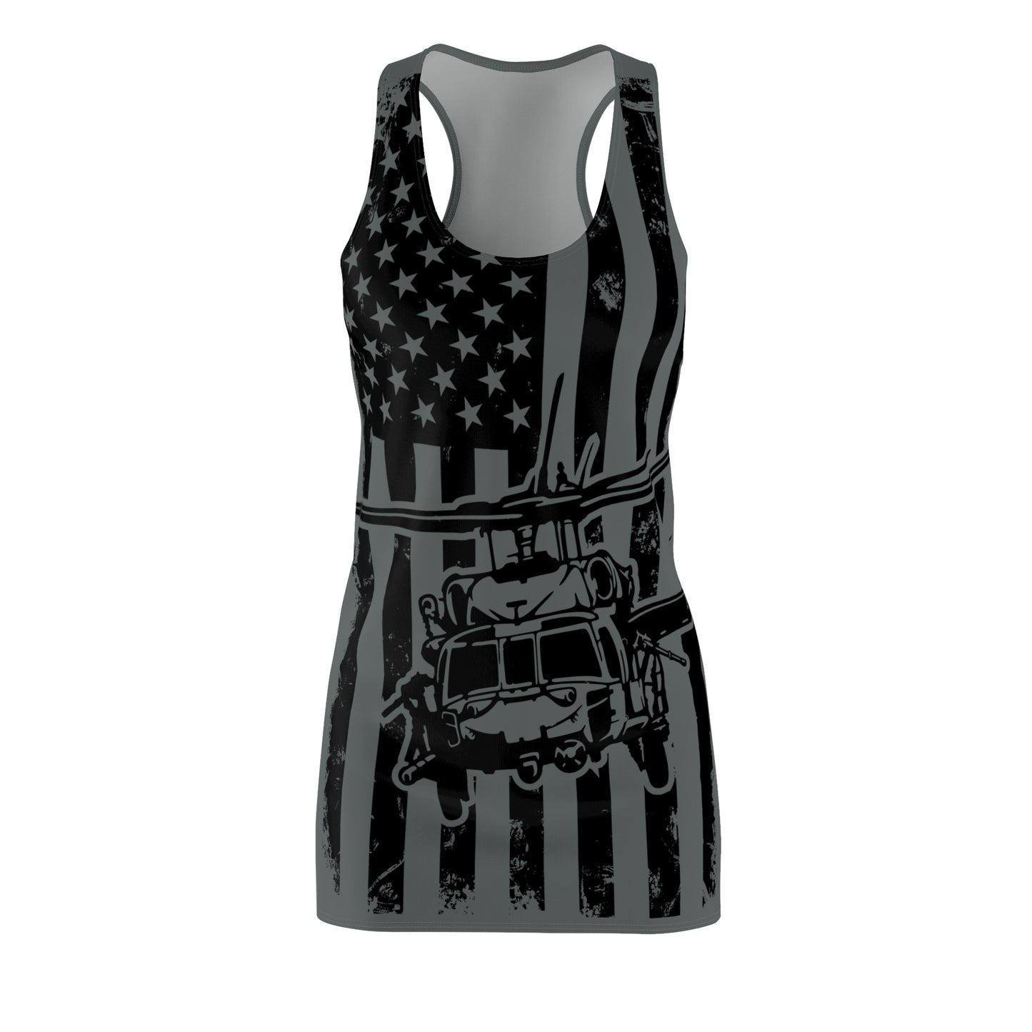 American Blackhawk Helicopter Racerback Dress — Patriotic Black & Grey Military Design