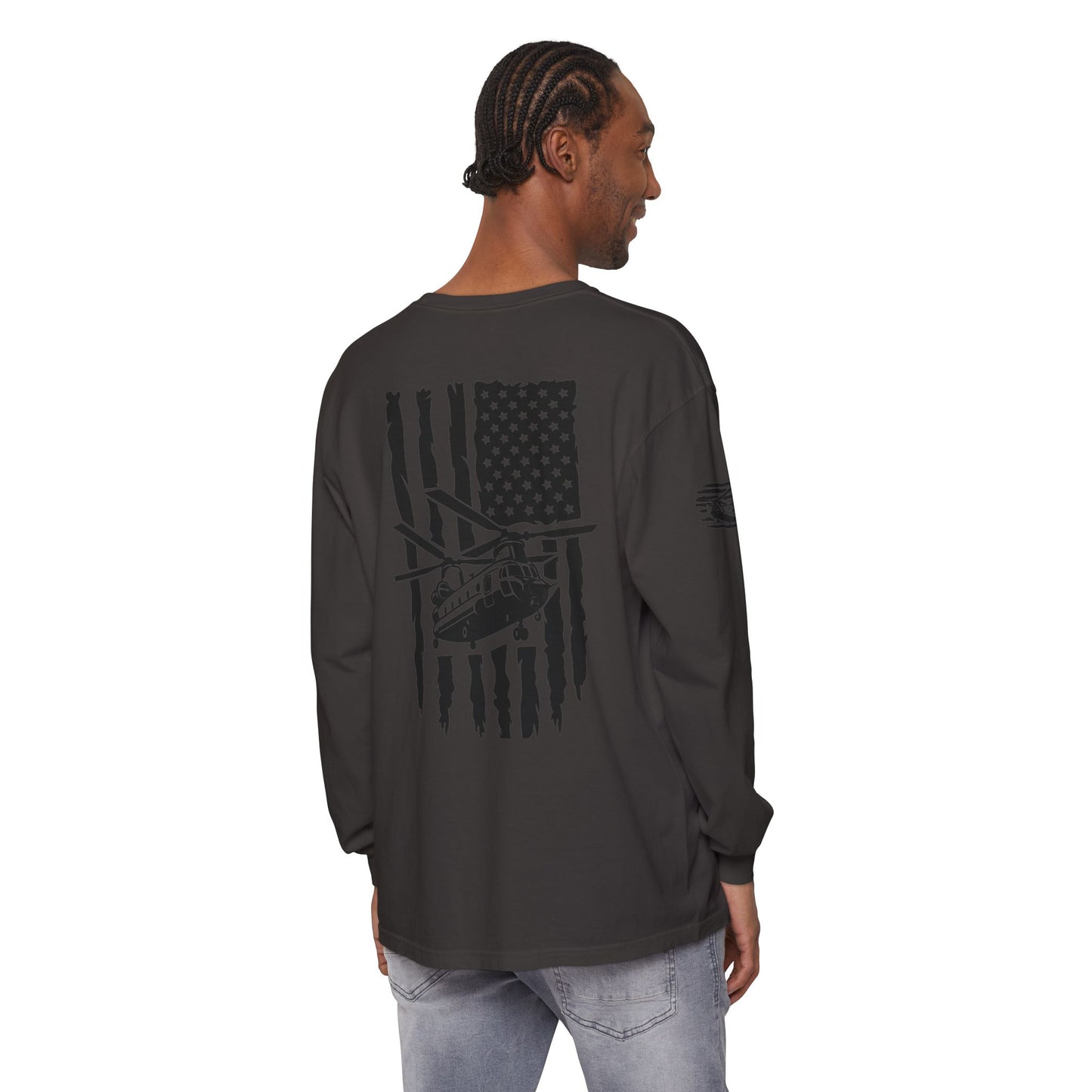 Chinook Helicopter American Flag Long Sleeve Tee