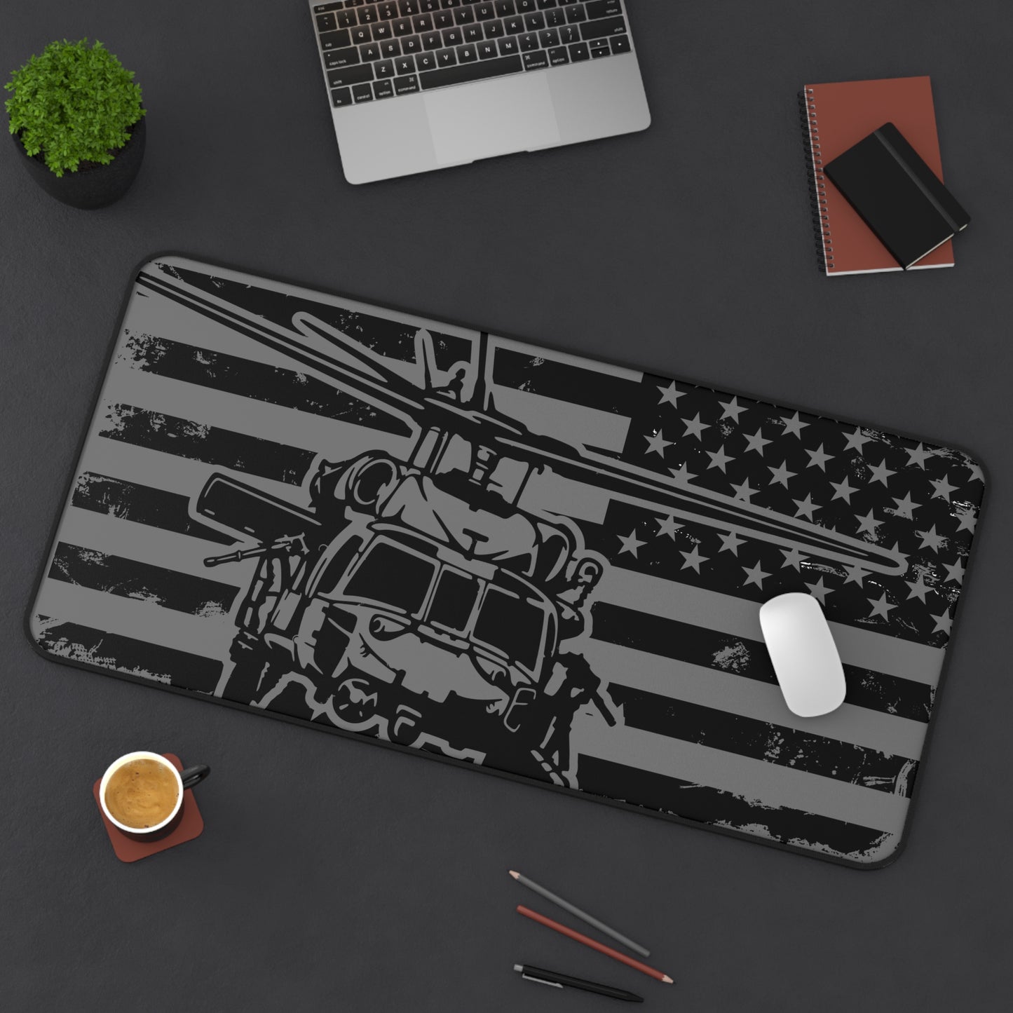 Blackhawk Helicopter American Flag Desk Mat — Military Pilot Gaming Desk Pad