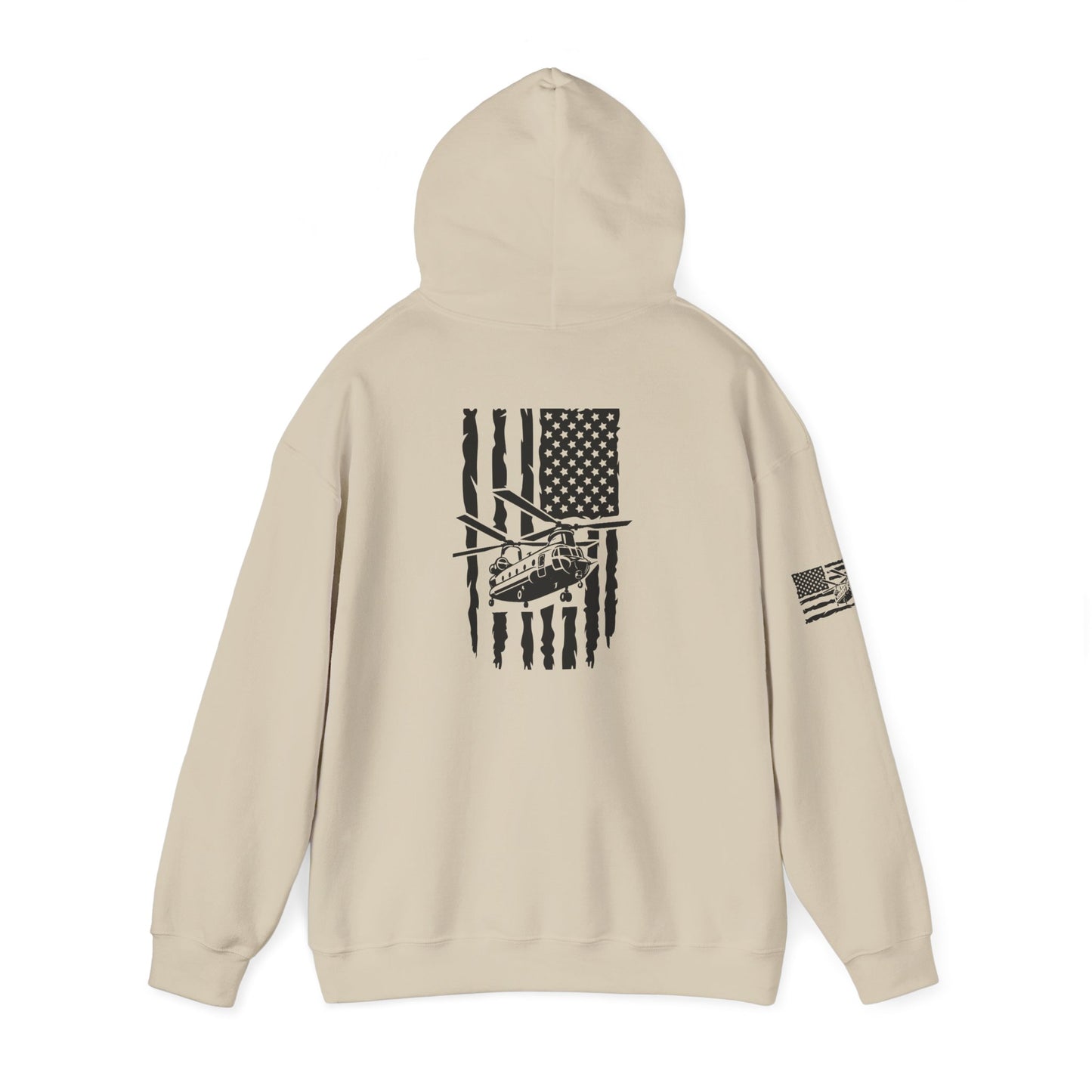 American Flag Chinook Helicopter Hoodie — Distressed USA Military Aviation Sweatshirt