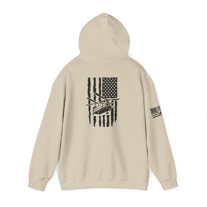 American Flag Chinook Helicopter Hoodie — Distressed USA Military Aviation Sweatshirt