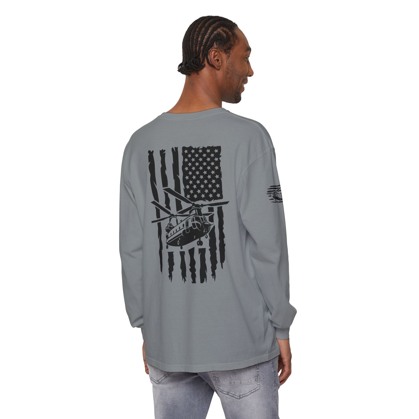 Chinook Helicopter American Flag Long Sleeve Tee