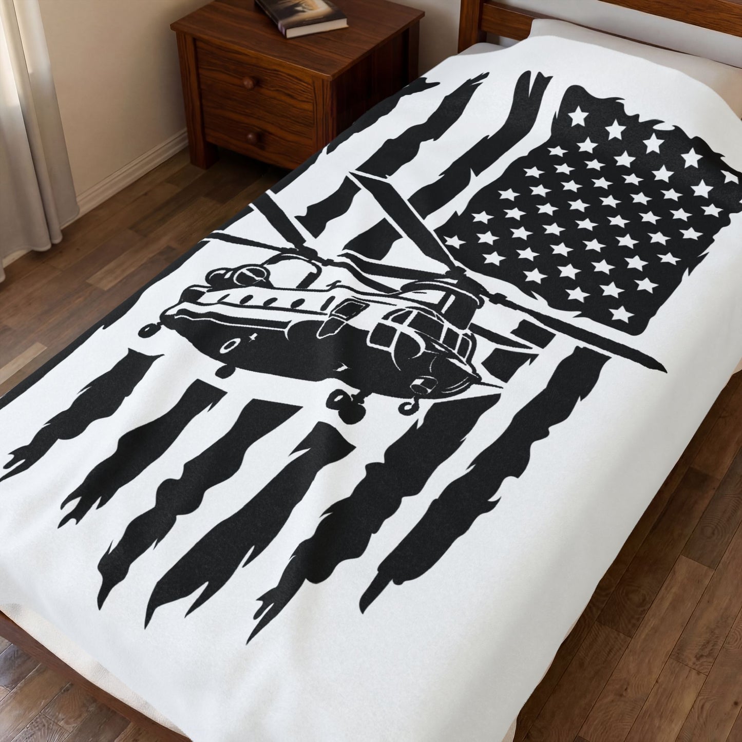 Military Chinook Helicopter American Flag Velveteen Plush Blanket