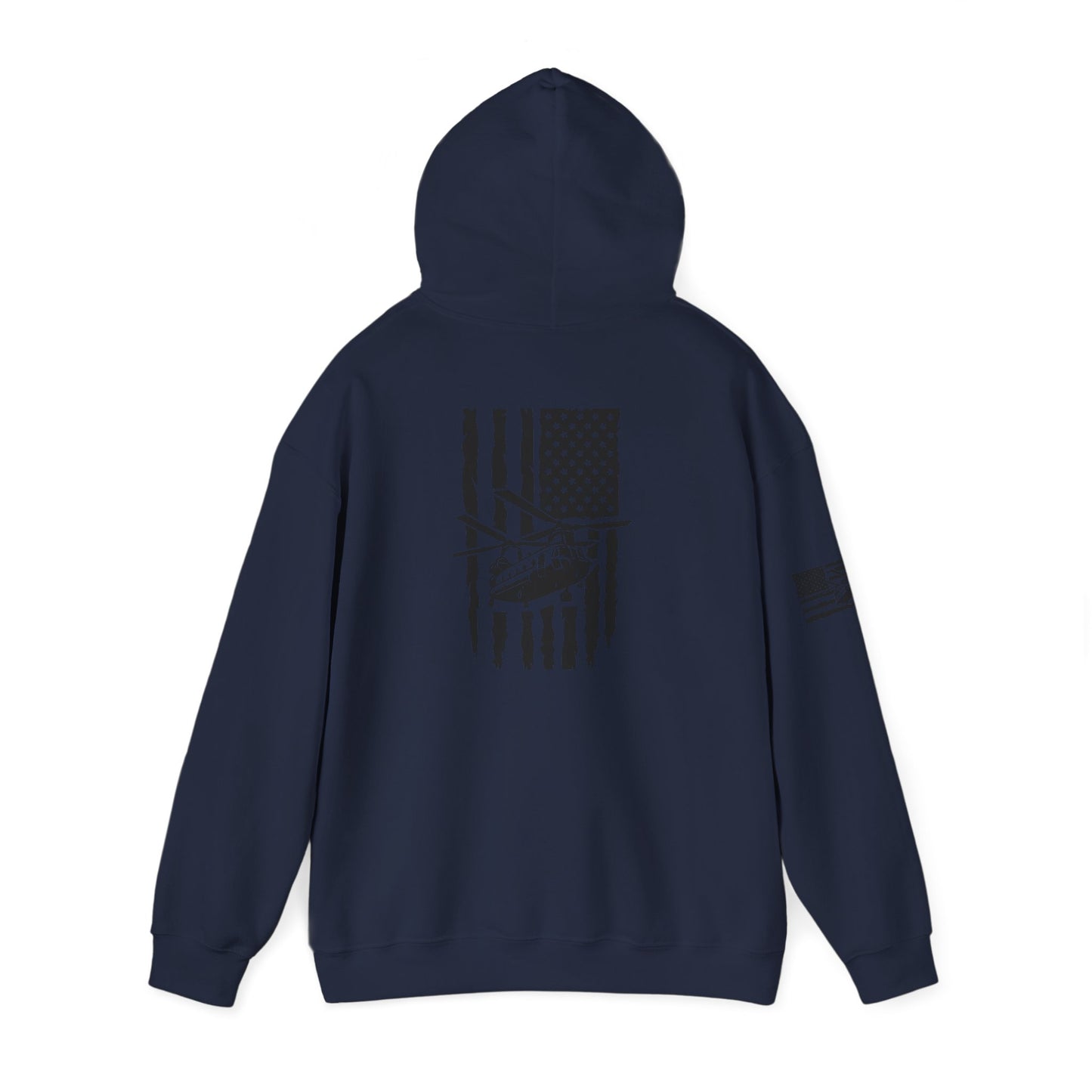 American Flag Chinook Helicopter Hoodie — Distressed USA Military Aviation Sweatshirt