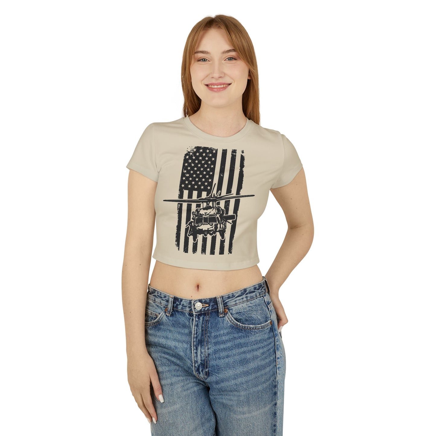 Women's Crop Tee — Distressed American Flag with Blackhawk Helicopter