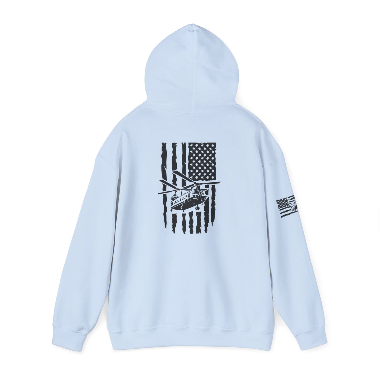 American Flag Chinook Helicopter Hoodie — Distressed USA Military Aviation Sweatshirt