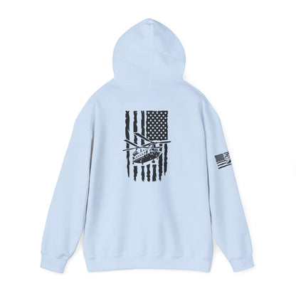 American Flag Chinook Helicopter Hoodie — Distressed USA Military Aviation Sweatshirt