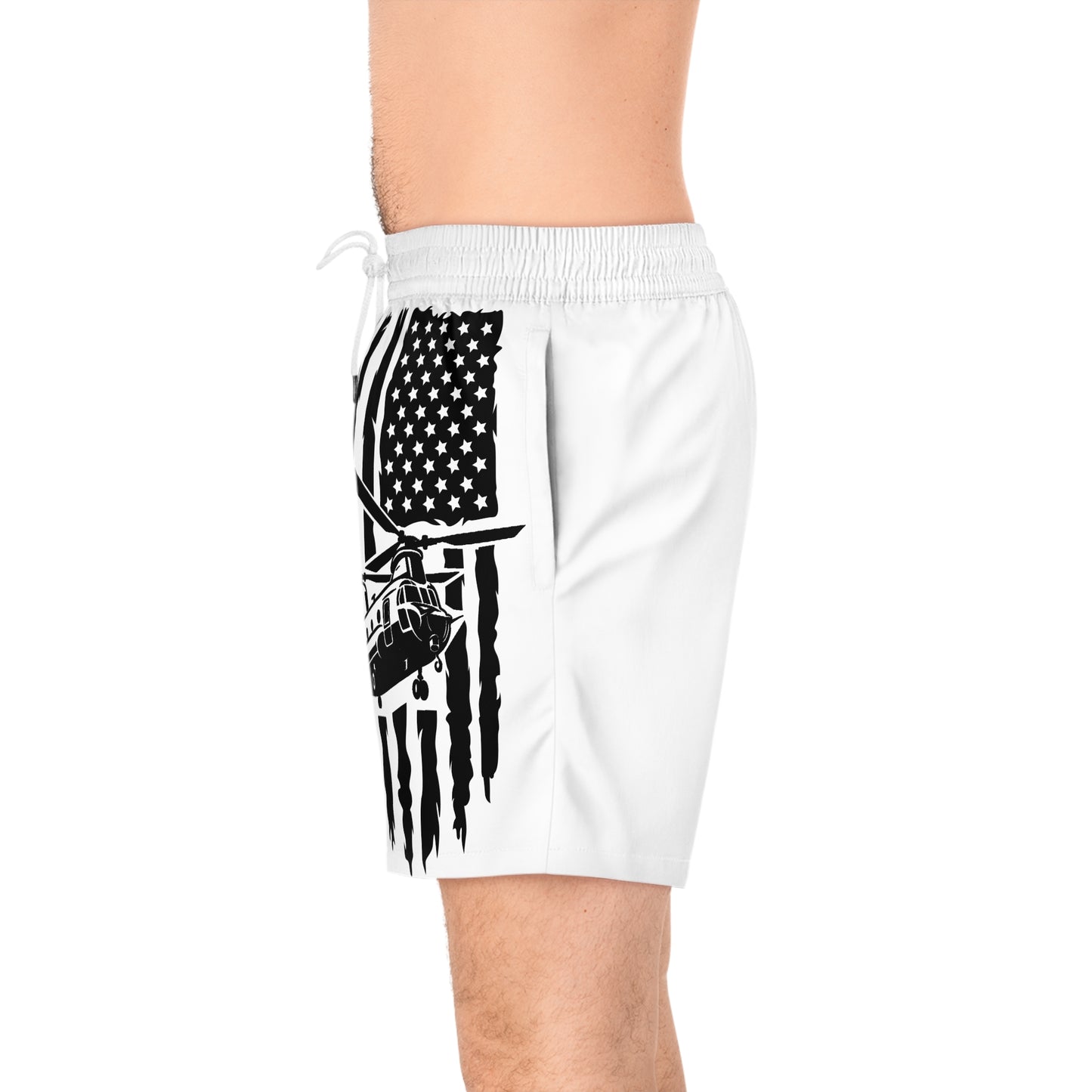 Men's Swim Shorts — Black American Flag Chinook Helicopter Graphic