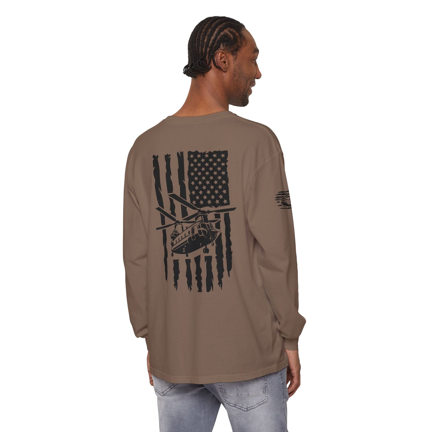 Chinook Helicopter American Flag Long Sleeve Tee