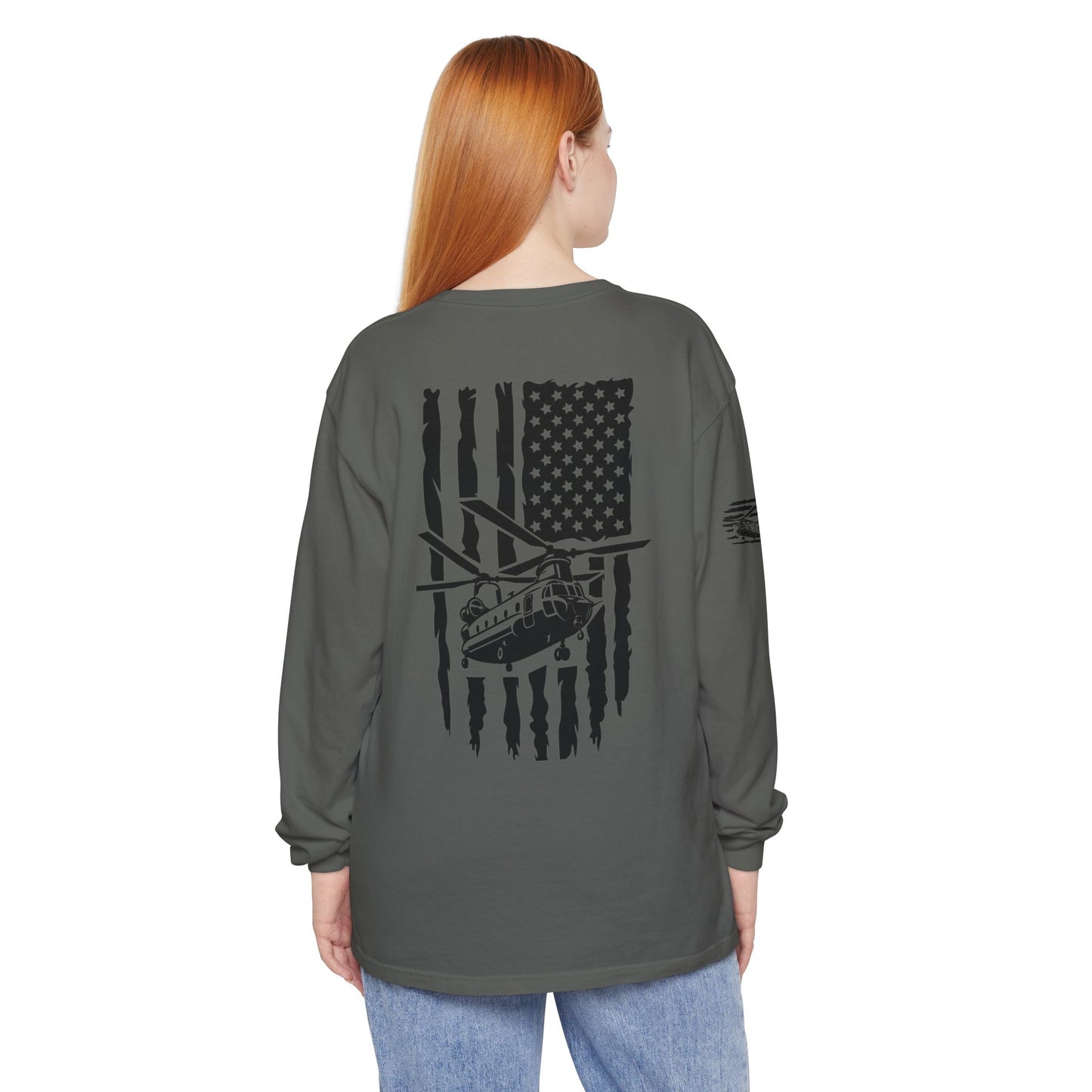Chinook Helicopter American Flag Long Sleeve Tee
