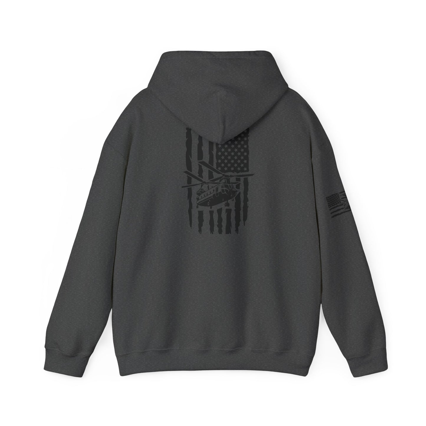 American Flag Chinook Helicopter Hoodie — Distressed USA Military Aviation Sweatshirt